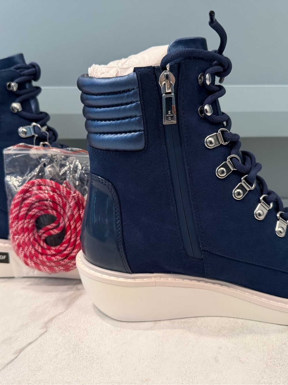 Reaction Kenneth Cole Navy Lace-Up Wedge Boot with Gloss Heel
